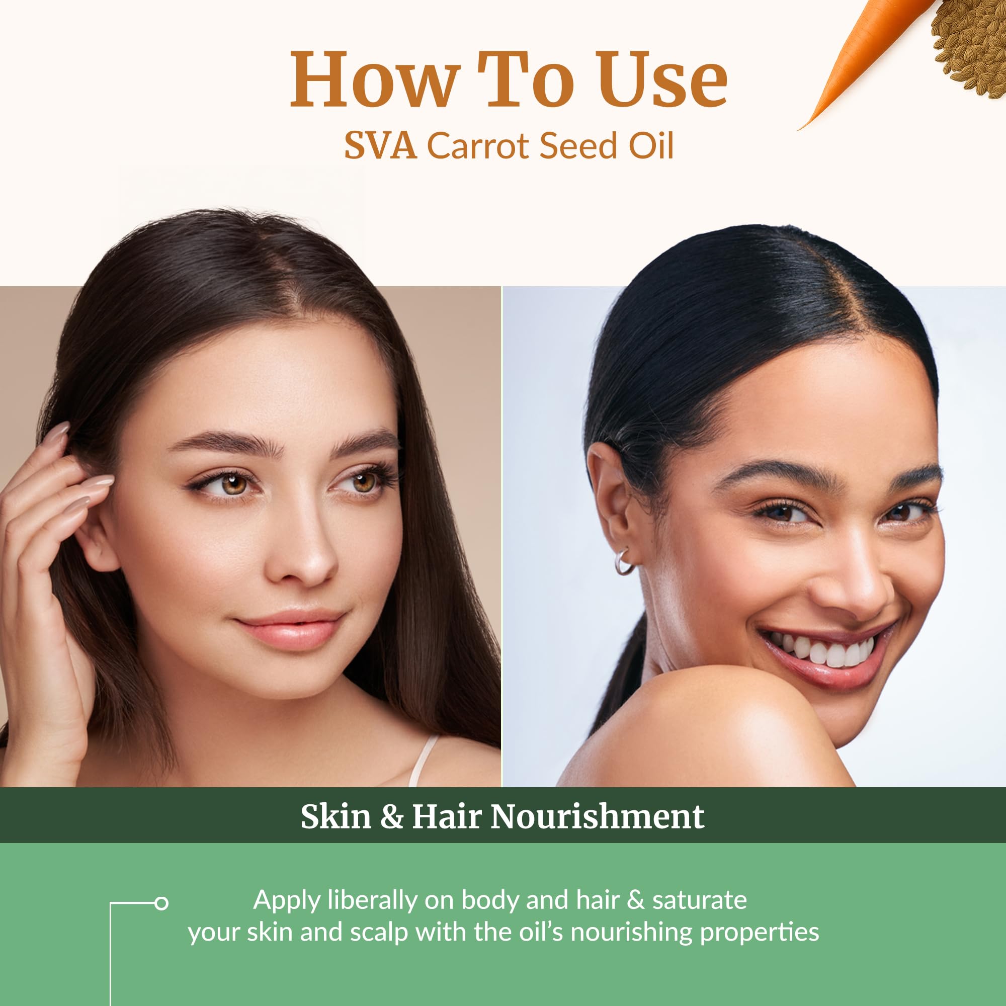 SVA Carrot Seed Oil moisturizes body skin gently.