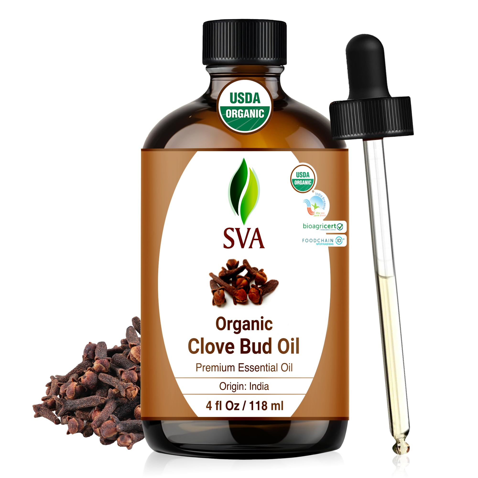 SVA ORGANICS Clove Bud Oil bottle with dropper for precise application and aromatic convenience at home