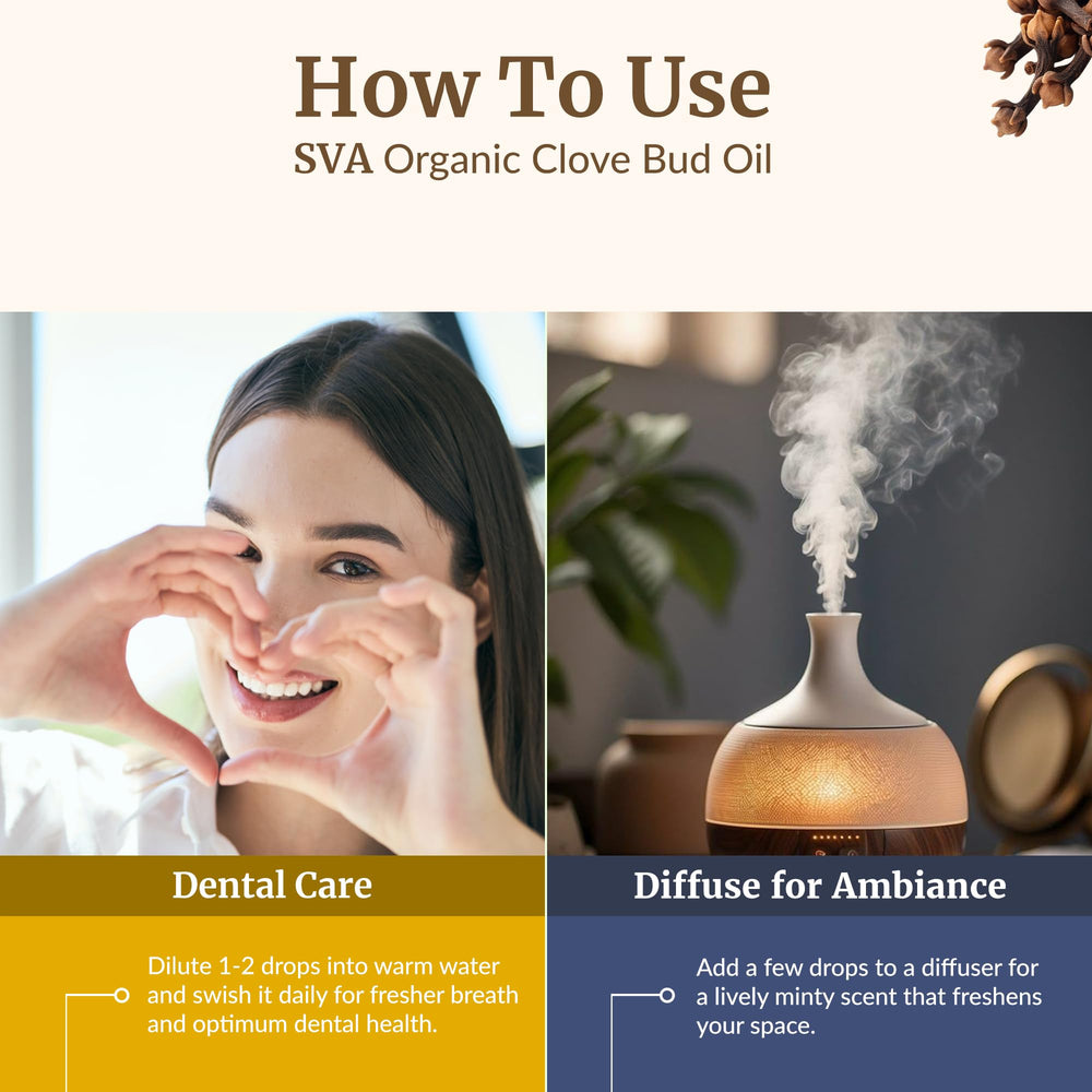 SVA ORGANICS Clove Bud Oil drops ready for diffuser blends