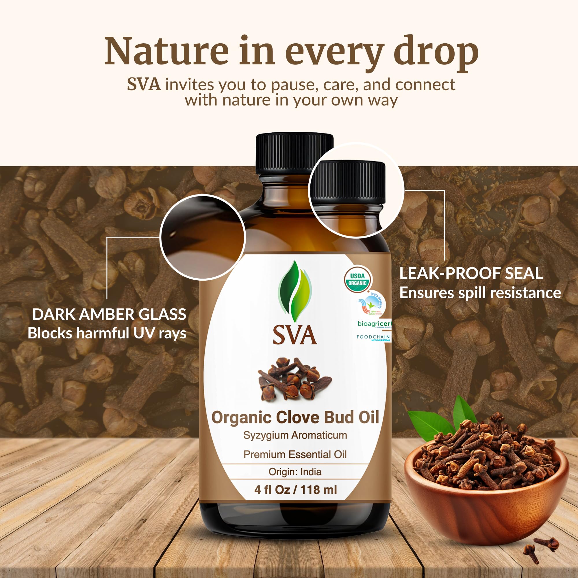 SVA ORGANICS Clove Bud Oil bottle with dropper showcasing easy dosage