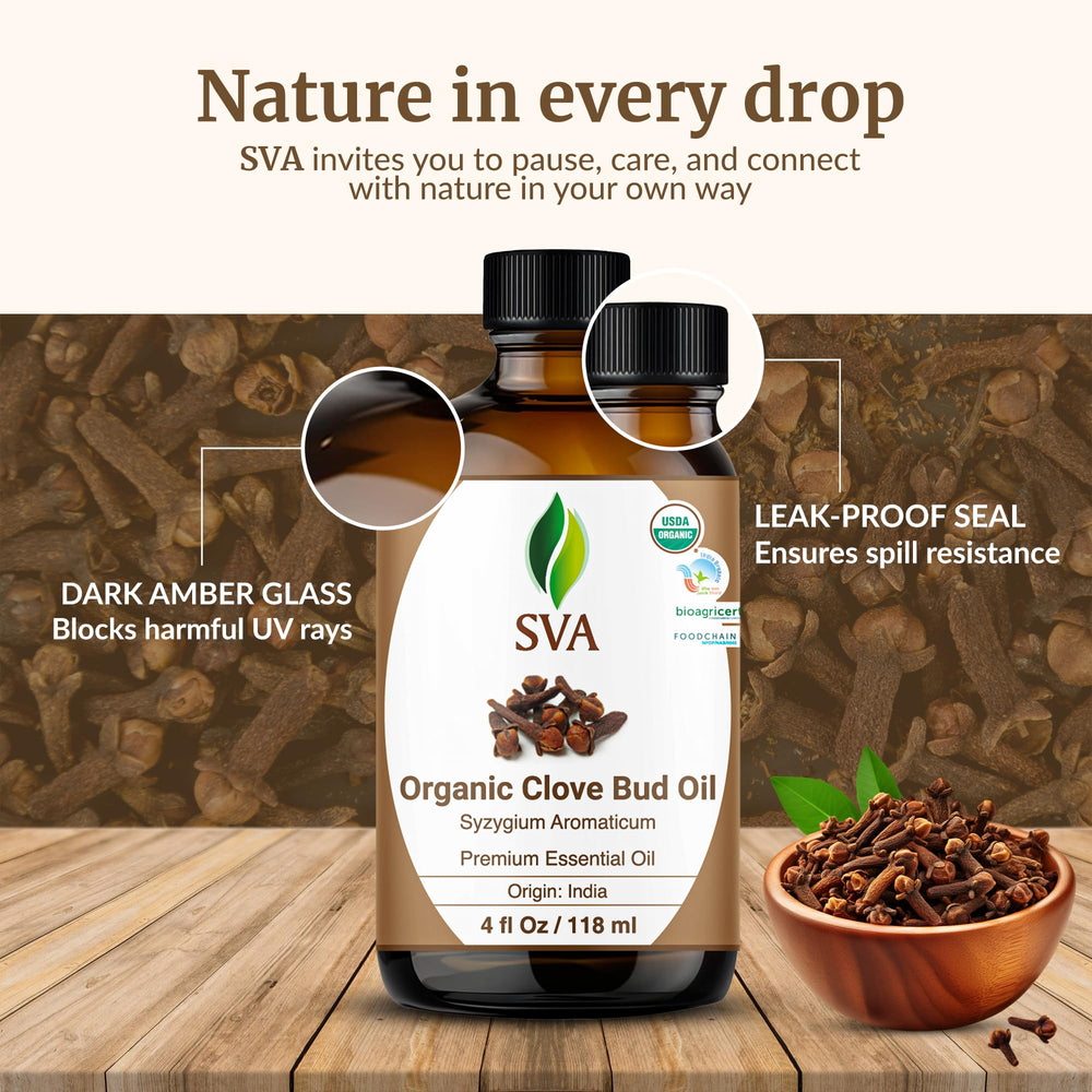 SVA ORGANICS Clove Bud Oil bottle with dropper showcasing easy dosage