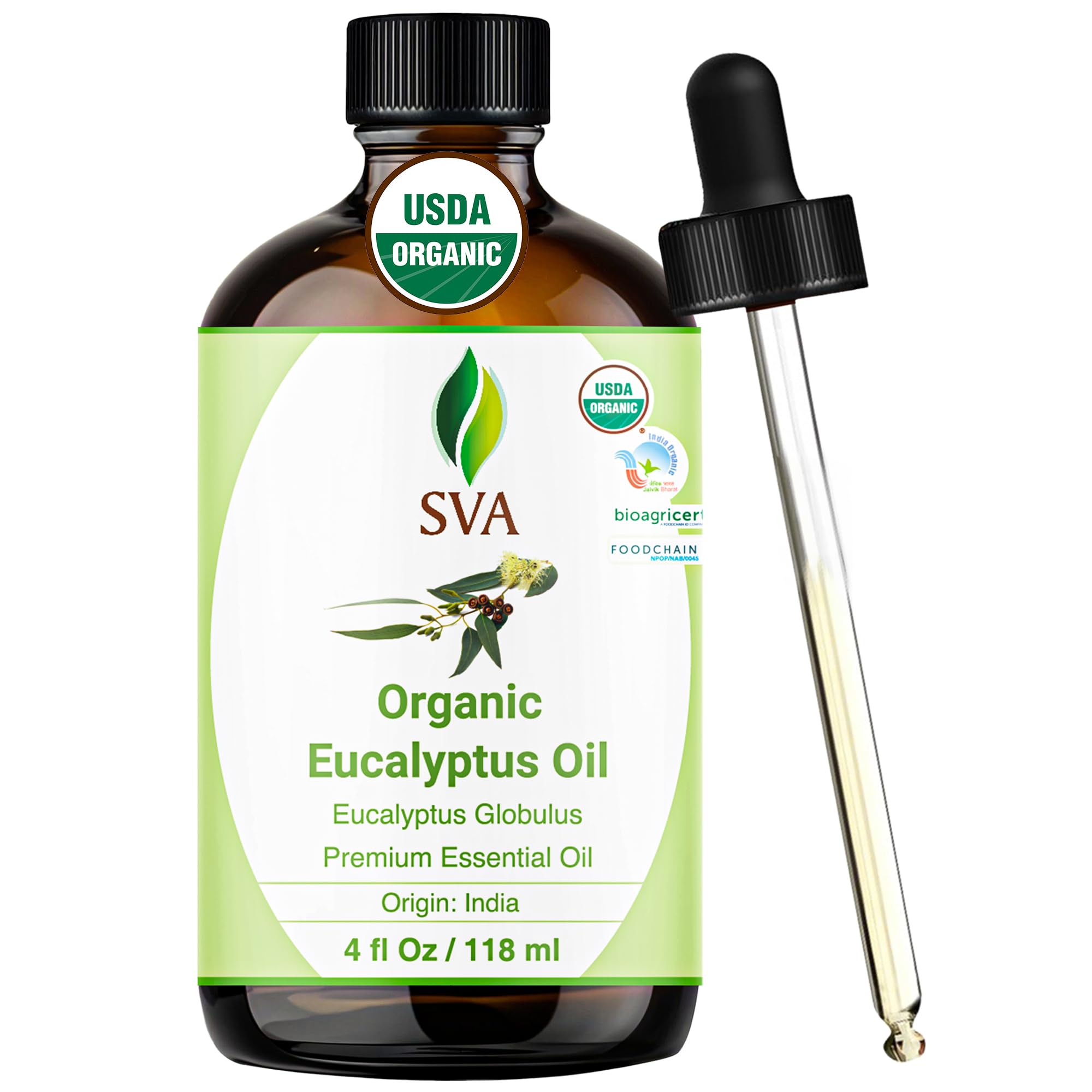 SVA ORGANICS eucalyptus oil bottle ready for diffusion and DIY blends.