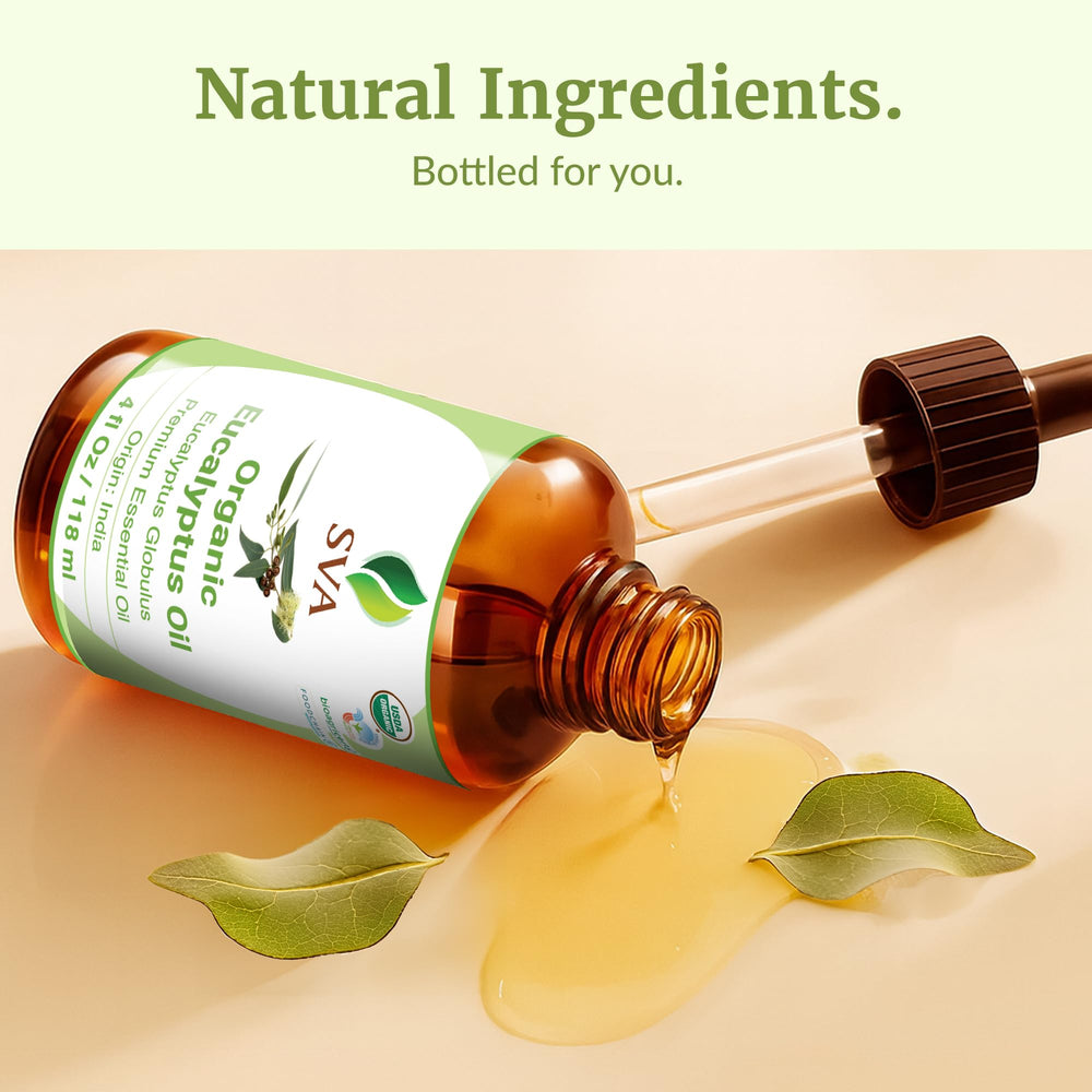 SVA ORGANICS eucalyptus oil packaging and bottle dropper.