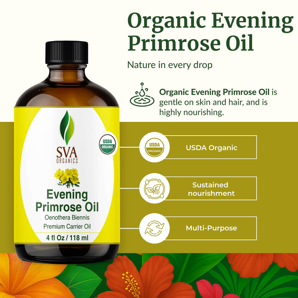 Close-up of the SVA Organics Evening Primrose Oil dropper releasing oil for precise dosing