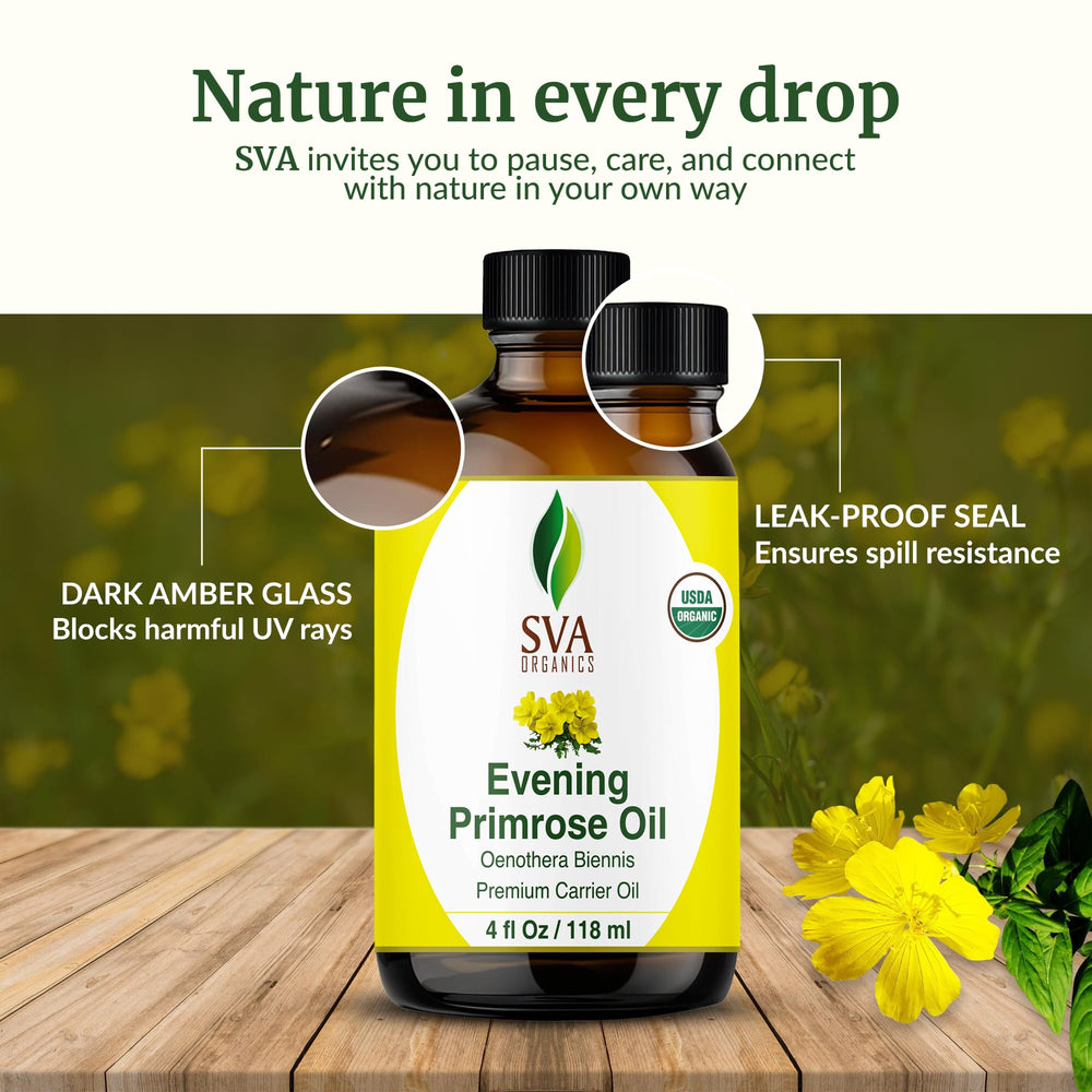 Packaging of SVA Organics Evening Primrose Oil shows natural, cruelty-free care