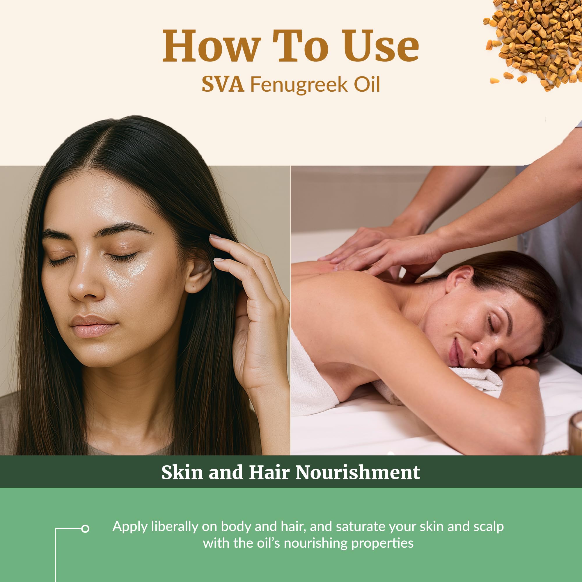 SVA Organics fenugreek oil moisturizes skin and supports a non-greasy feel.