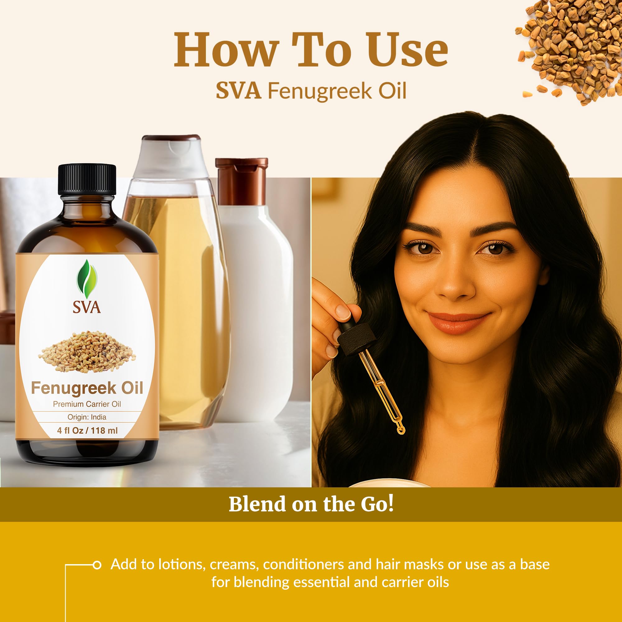 SVA Organics fenugreek oil is ideal for warm oil therapy and deep penetration.