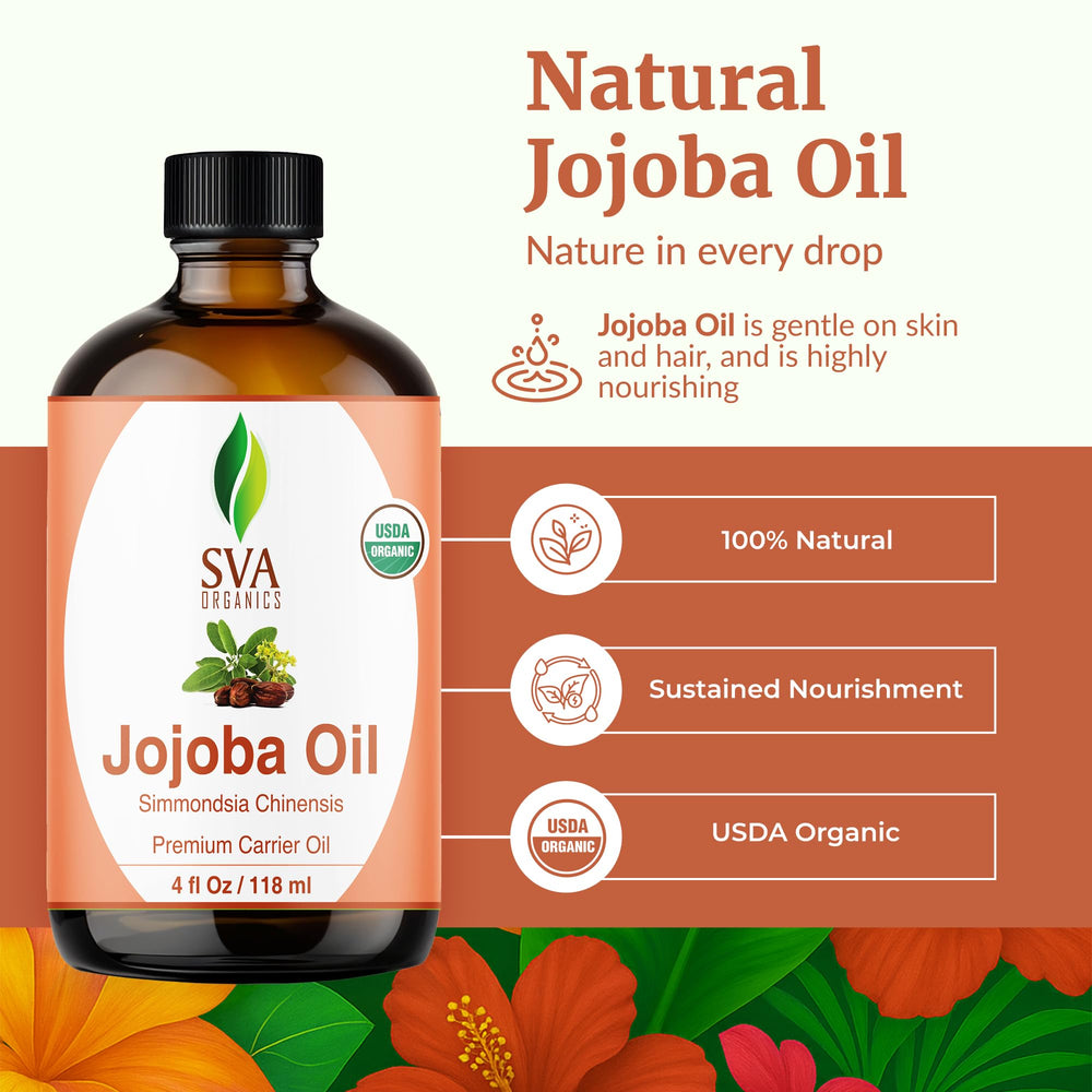 SVA Organics Jojoba Oil dropper enables precise application for face, hair, and scalp care.