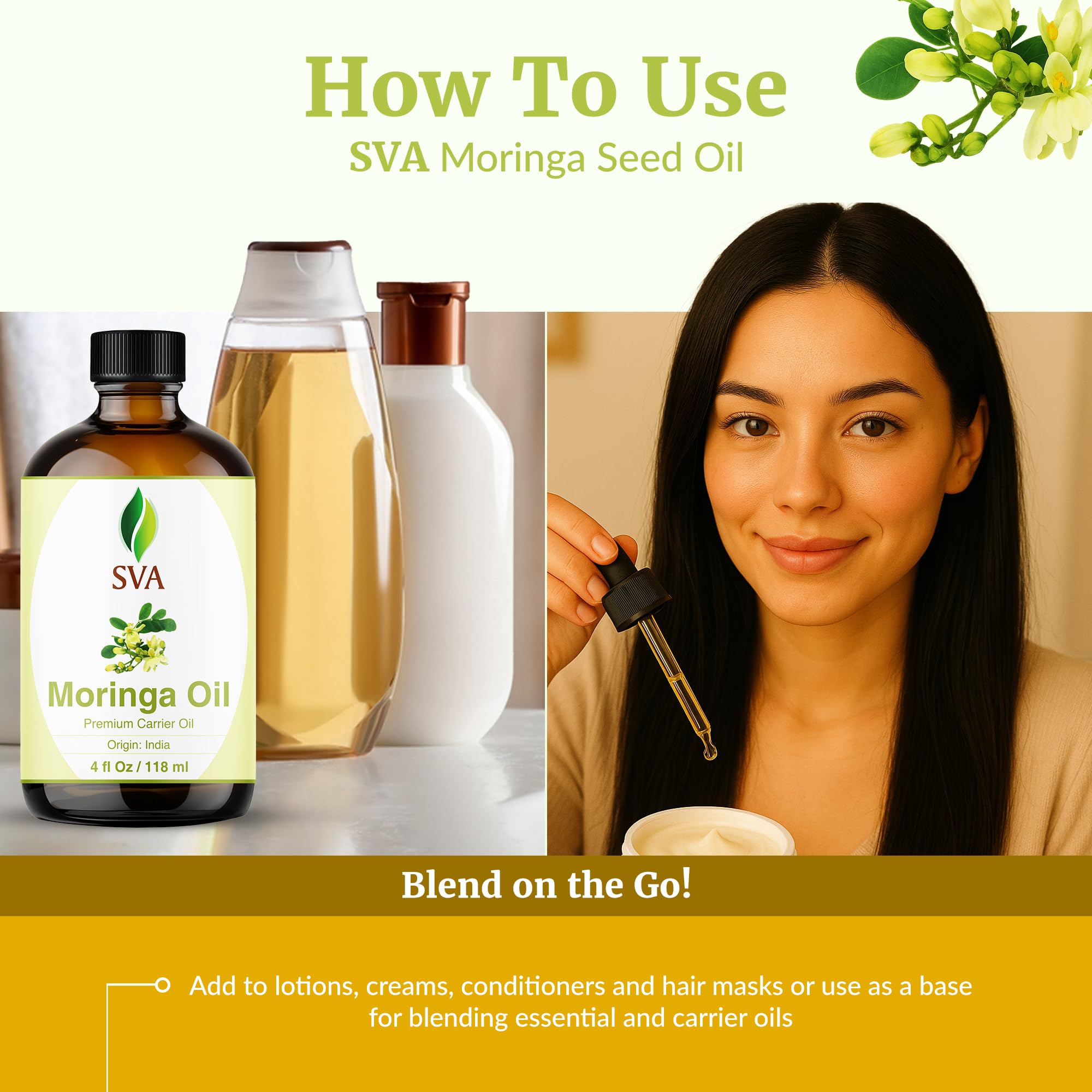 SVA Organics Moringa Oil body application close-up shows silky, non-greasy texture.