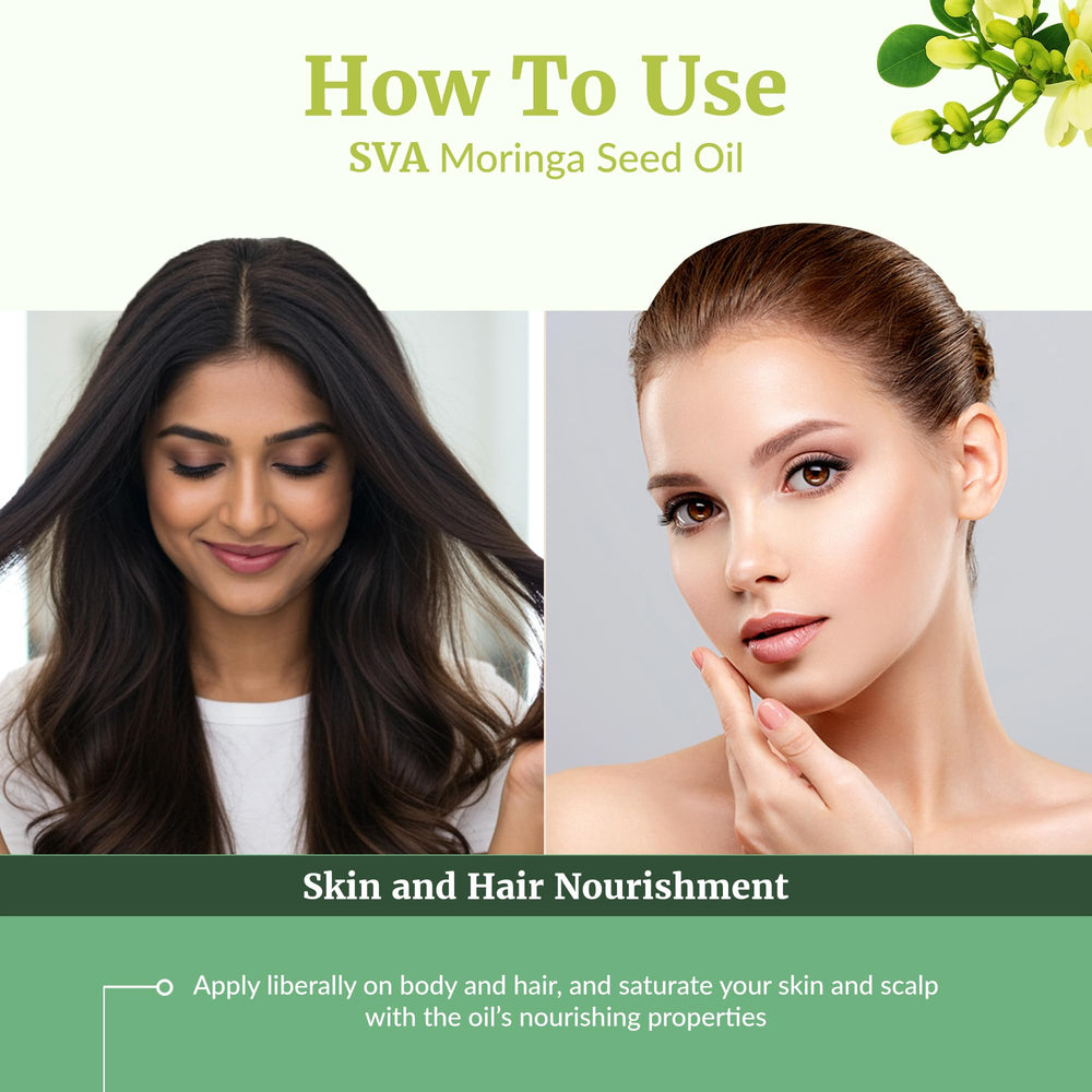 SVA Organics Moringa Oil face care use demonstrates lightweight moisturizer option.