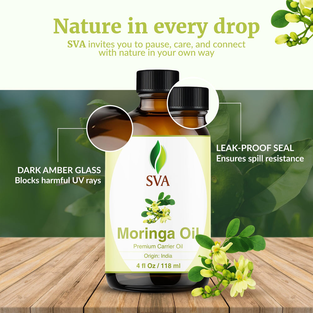 SVA Organics Moringa Oil glass bottle close-up signals freshness and quality.