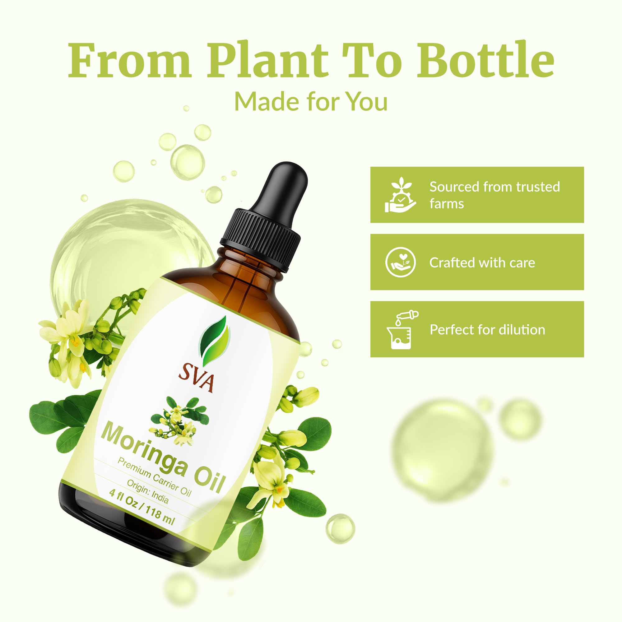 SVA Organics Moringa Oil scalp massage scene suggests relaxing, nourishing routine.