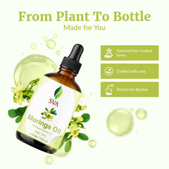 SVA Organics Moringa Oil scalp massage scene suggests relaxing, nourishing routine.