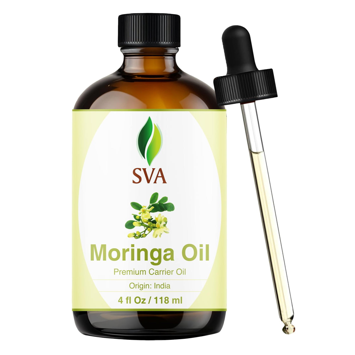 SVA Organics Moringa Seed Oil bottle showcasing cold-pressed formula for skin and hair care.