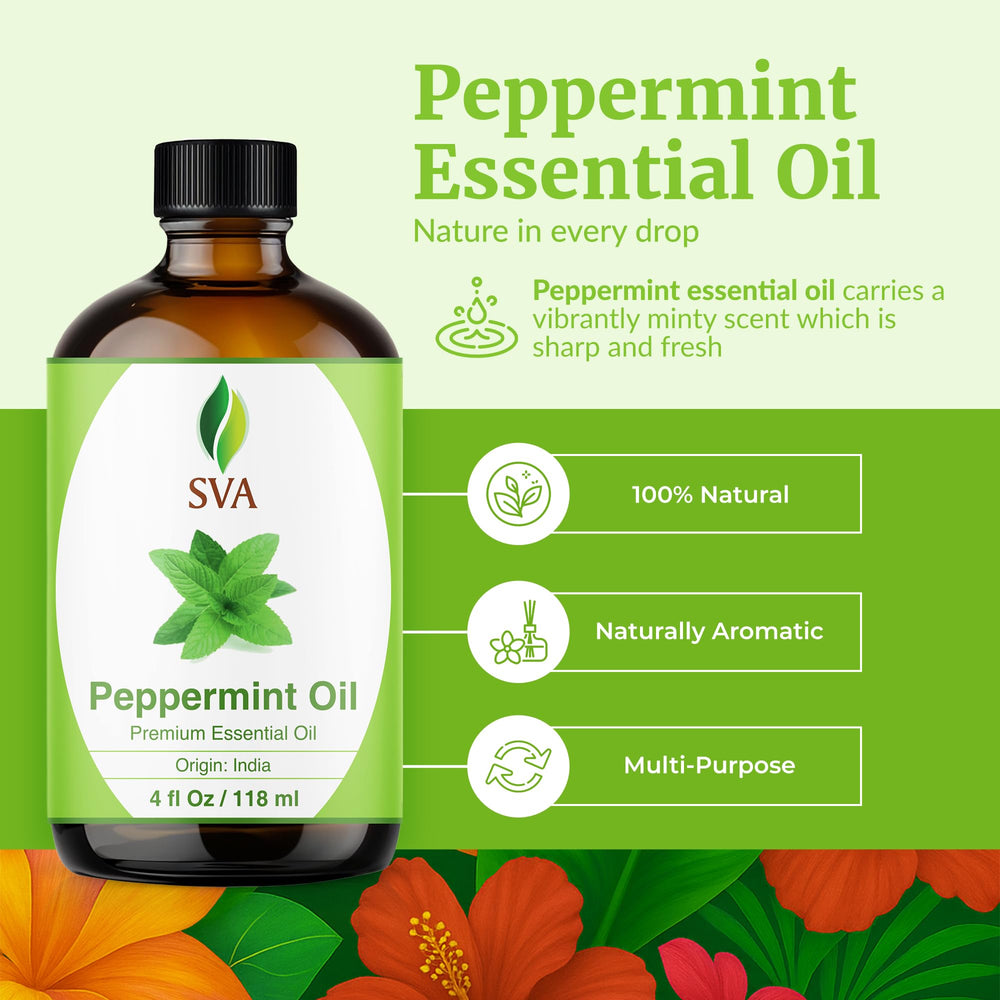 SVA ORGANICS Peppermint Arvensis oil with diffuser scene for refreshing air.