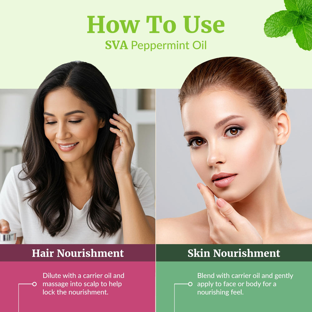 SVA ORGANICS Peppermint Arvensis oil for hair care scalp massage.