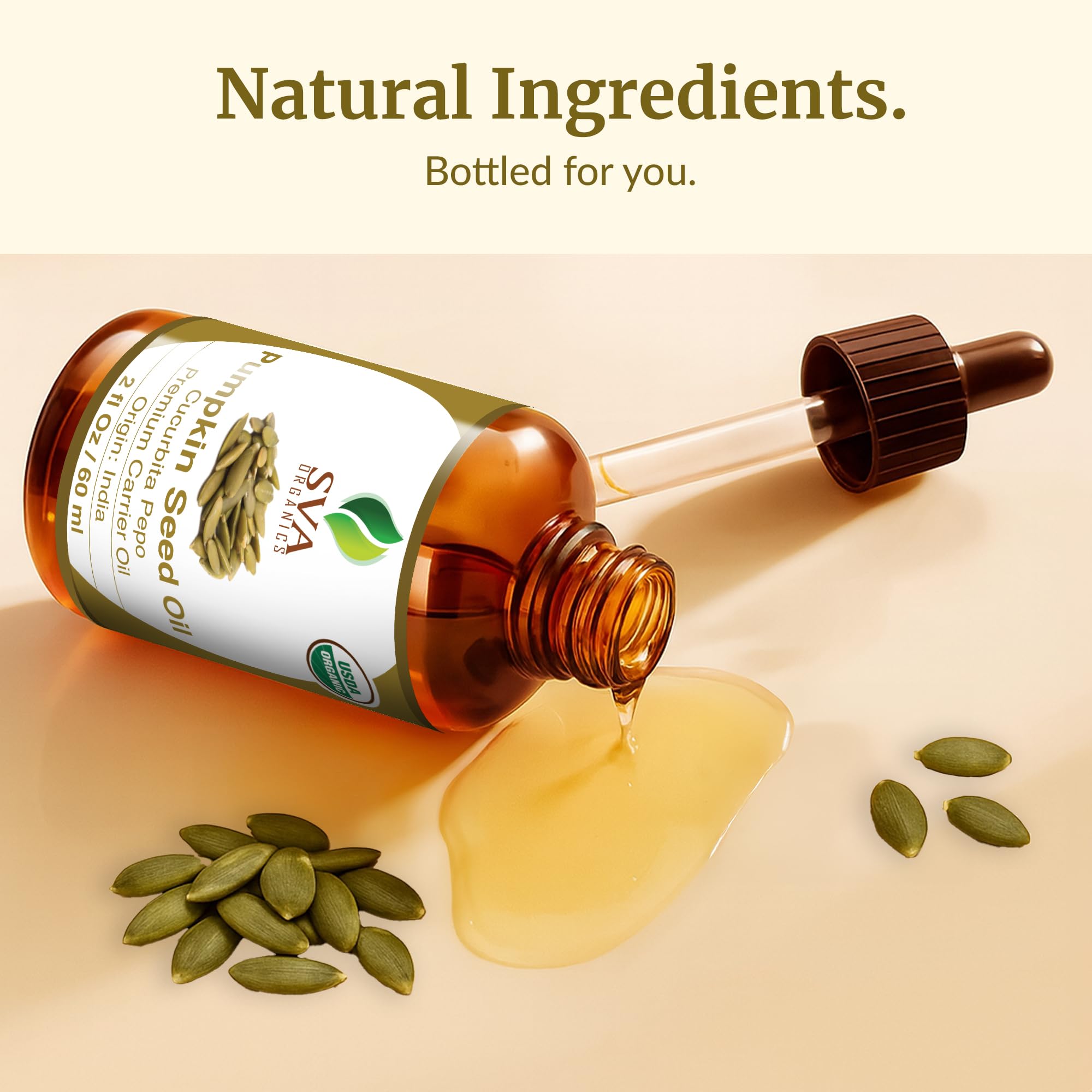 Close-up of SVA Organics pumpkin seed oil bottle highlighting cold-pressed quality.