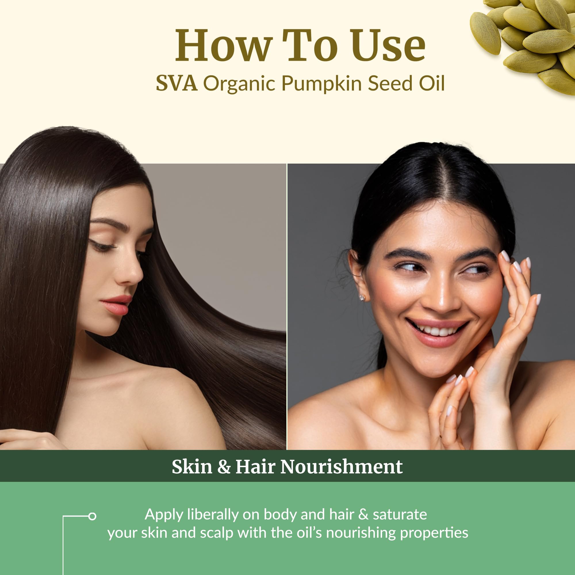 SVA Organics pumpkin seed oil used in hair care routine for nourishment.