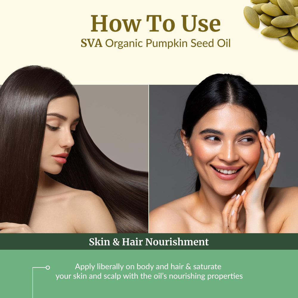 SVA Organics pumpkin seed oil used in hair care routine for nourishment.