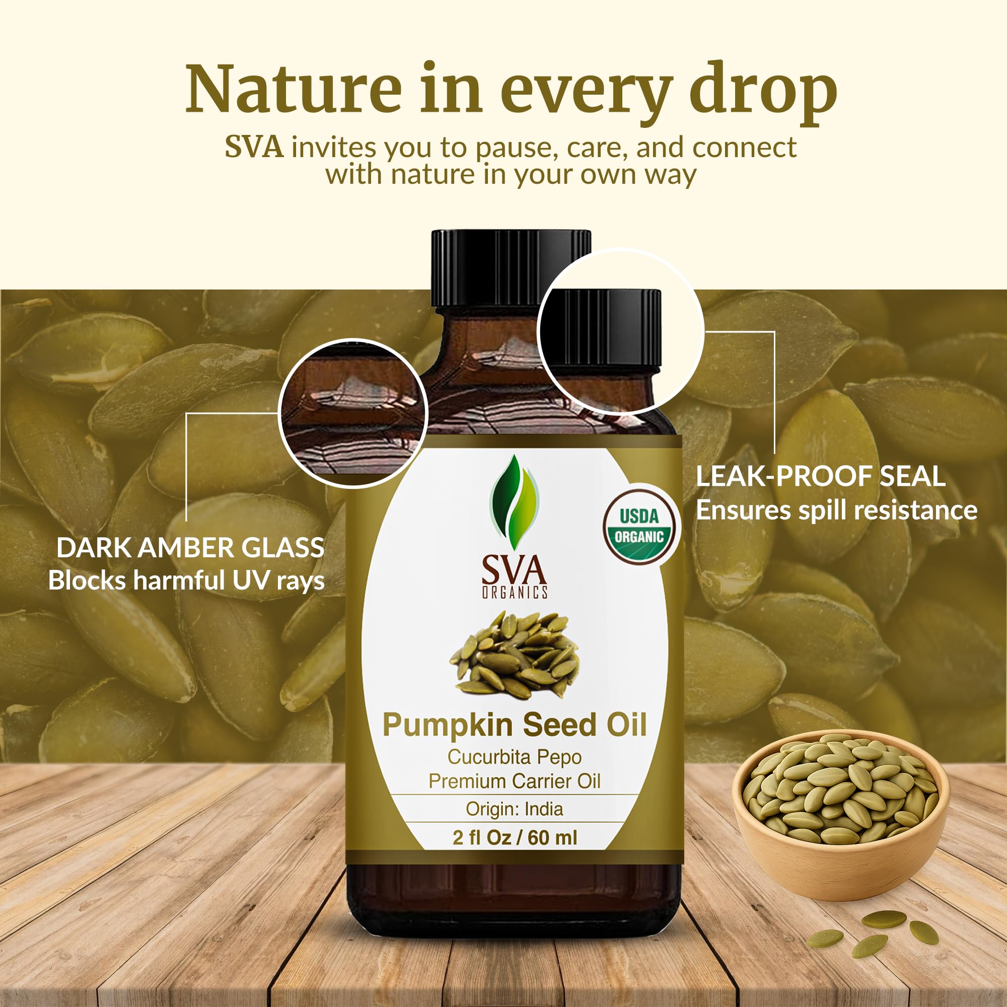 SVA Organics pumpkin seed oil blended into shampoos or conditioners for nourishment.