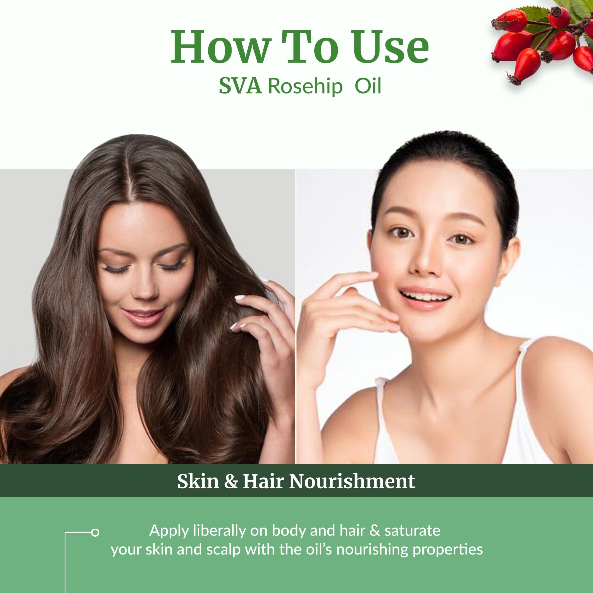 SVA Rosehip Seed Oil as a body moisturizer for smooth skin.