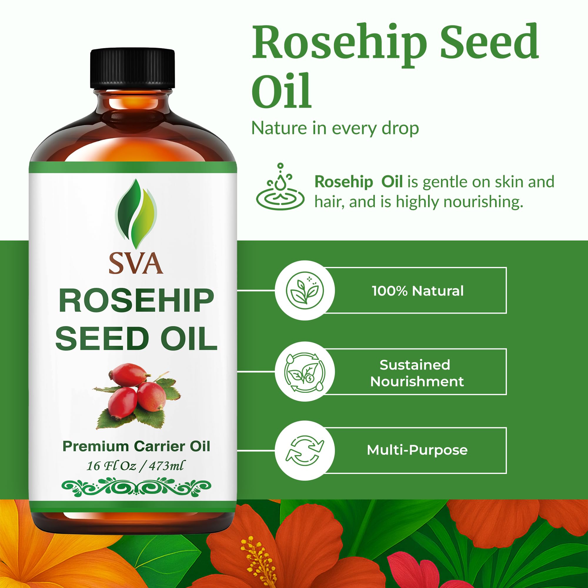 SVA Organics Rosehip Seed Oil dropper for easy, controlled scalp and face care.