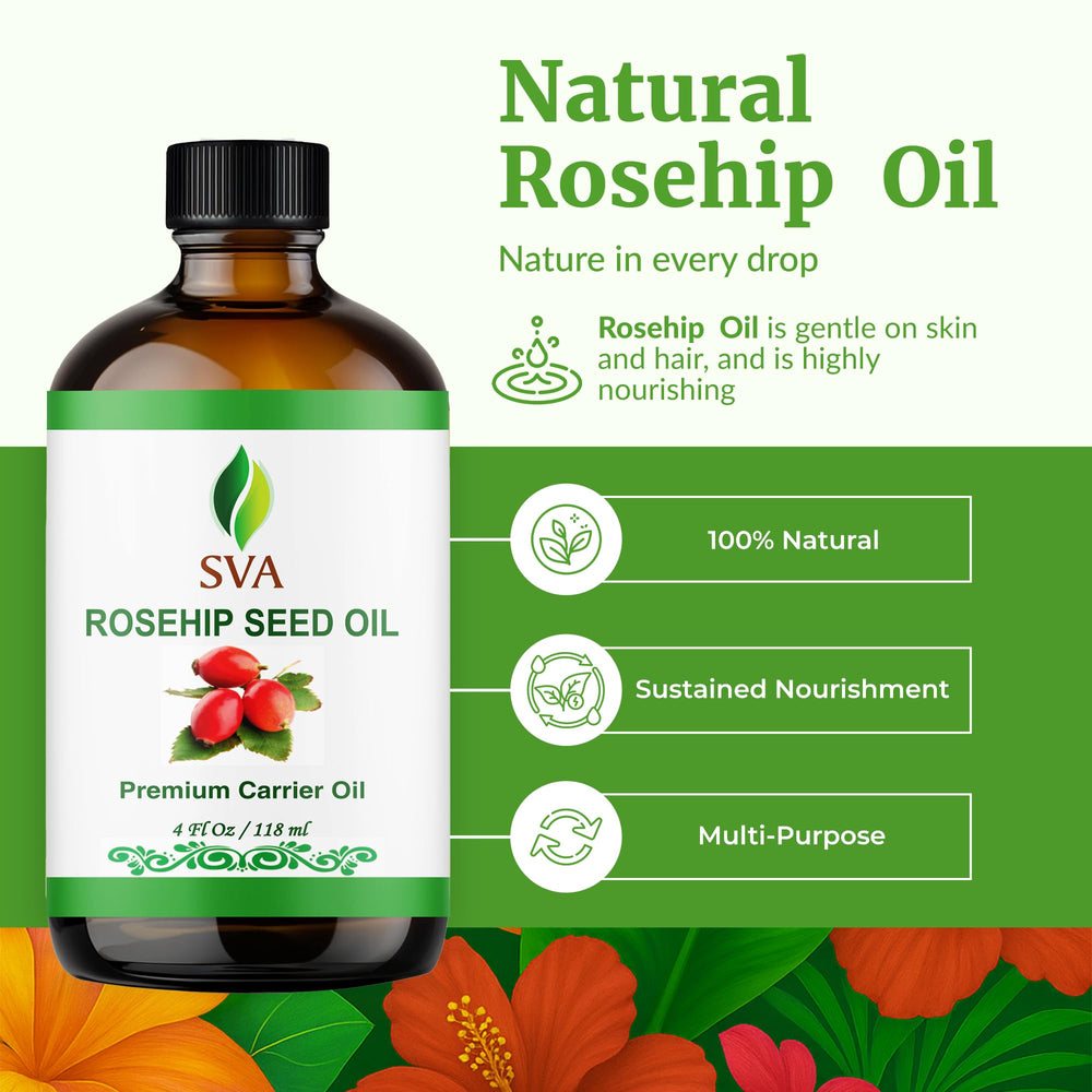 SVA ORGANICS Rosehip Seed Oil dropper pouring oil for easy application.