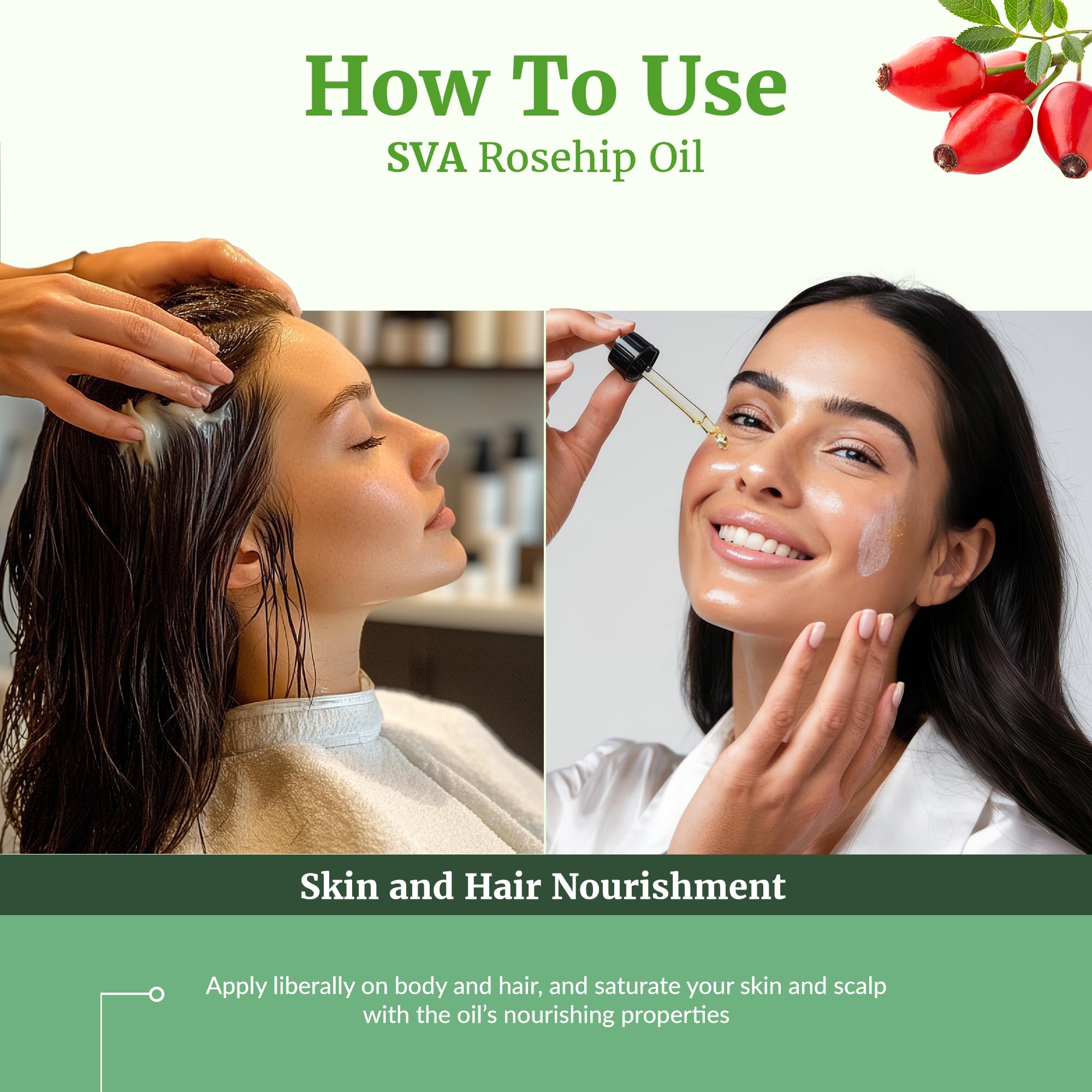 SVA ORGANICS Rosehip Seed Oil in palm showing smooth, absorbent texture.