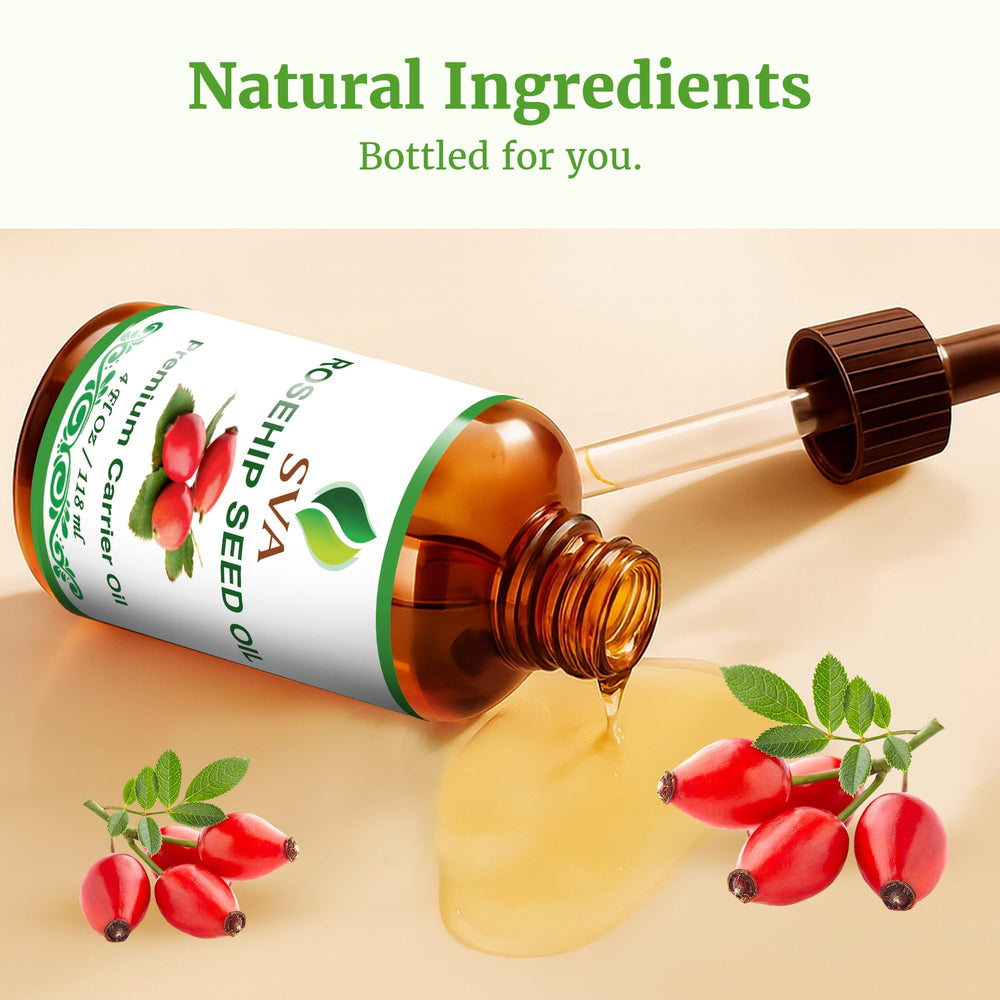 SVA ORGANICS Rosehip Seed Oil label highlights natural, cold-pressed origin.