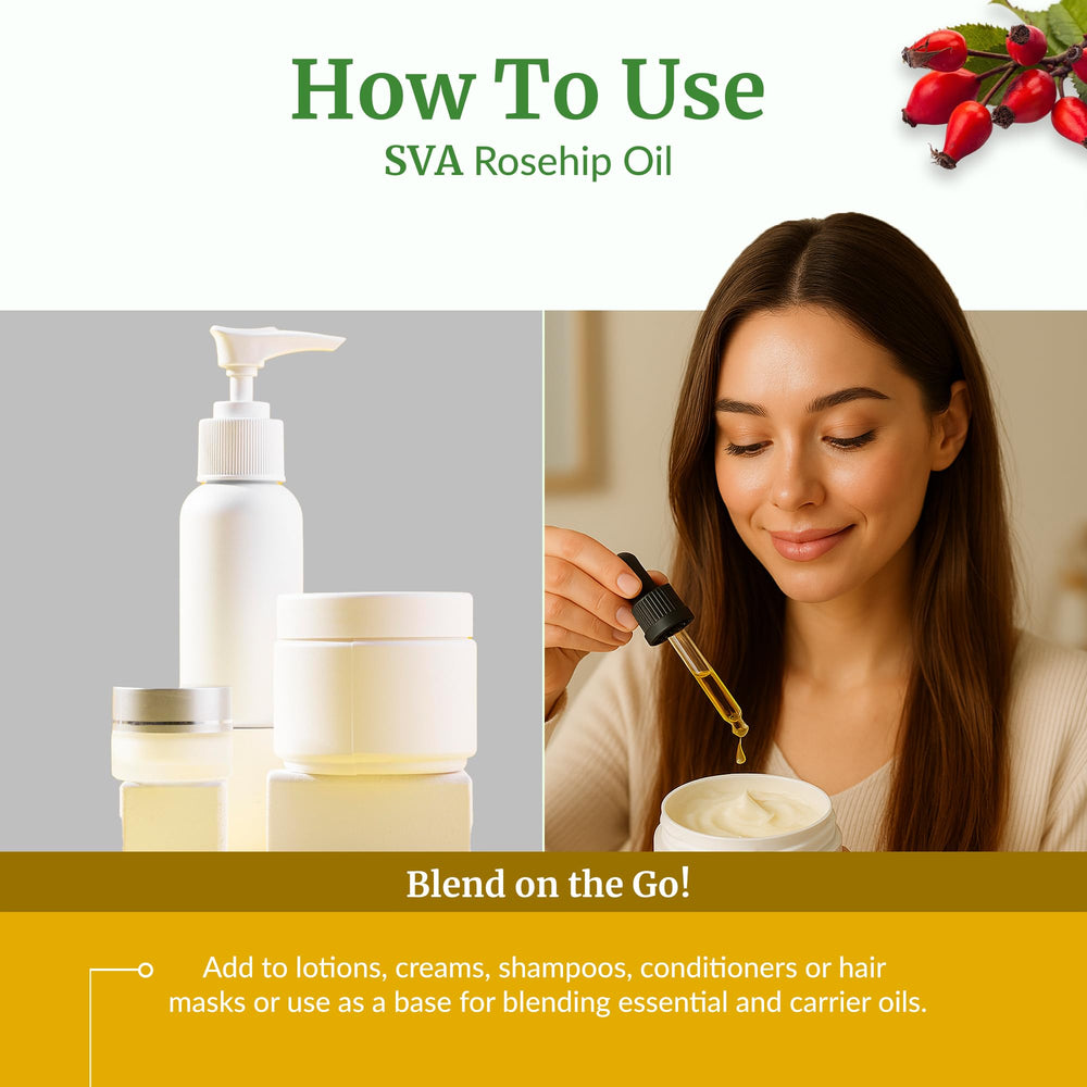 SVA Rosehip Seed Oil supports massage routines for relaxing care.