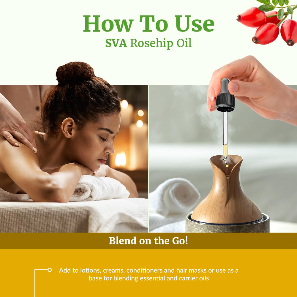 SVA ORGANICS Rosehip Seed Oil massage on body for routine care.
