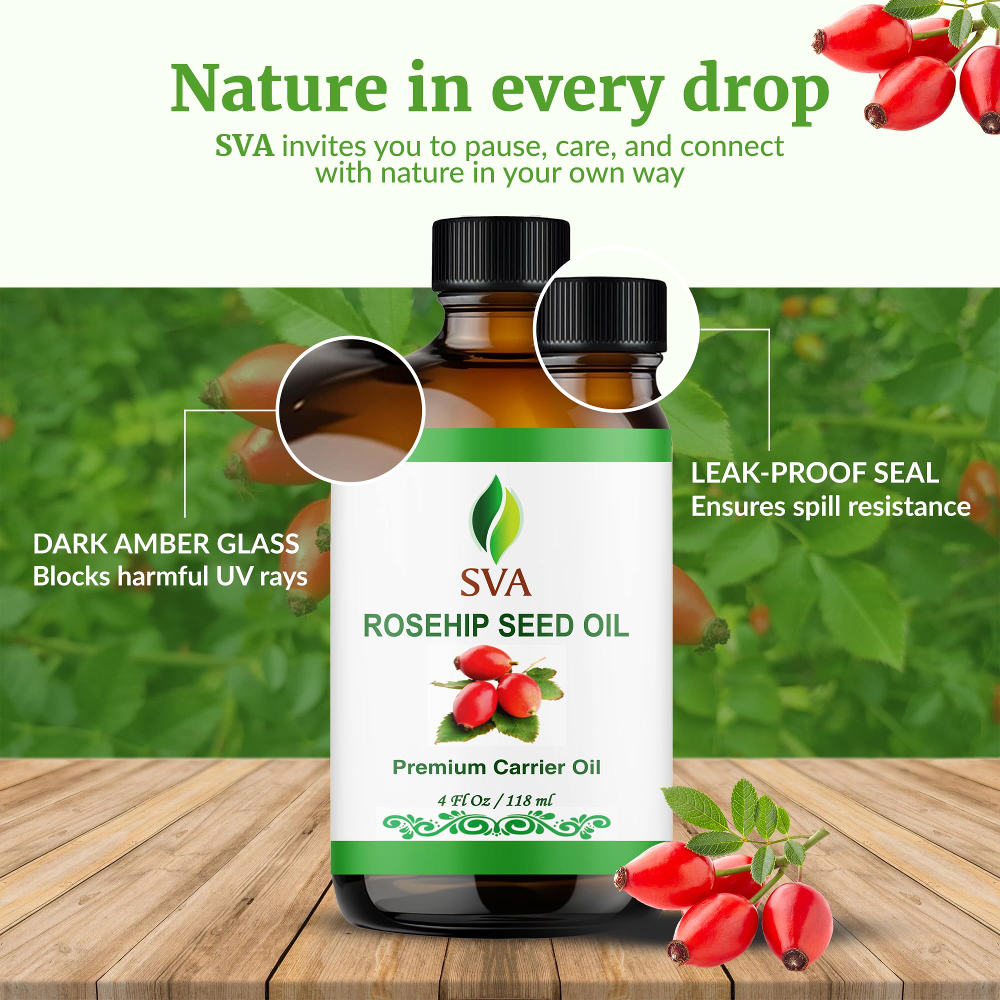 SVA ORGANICS Rosehip Seed Oil packaging display with bottle and box.