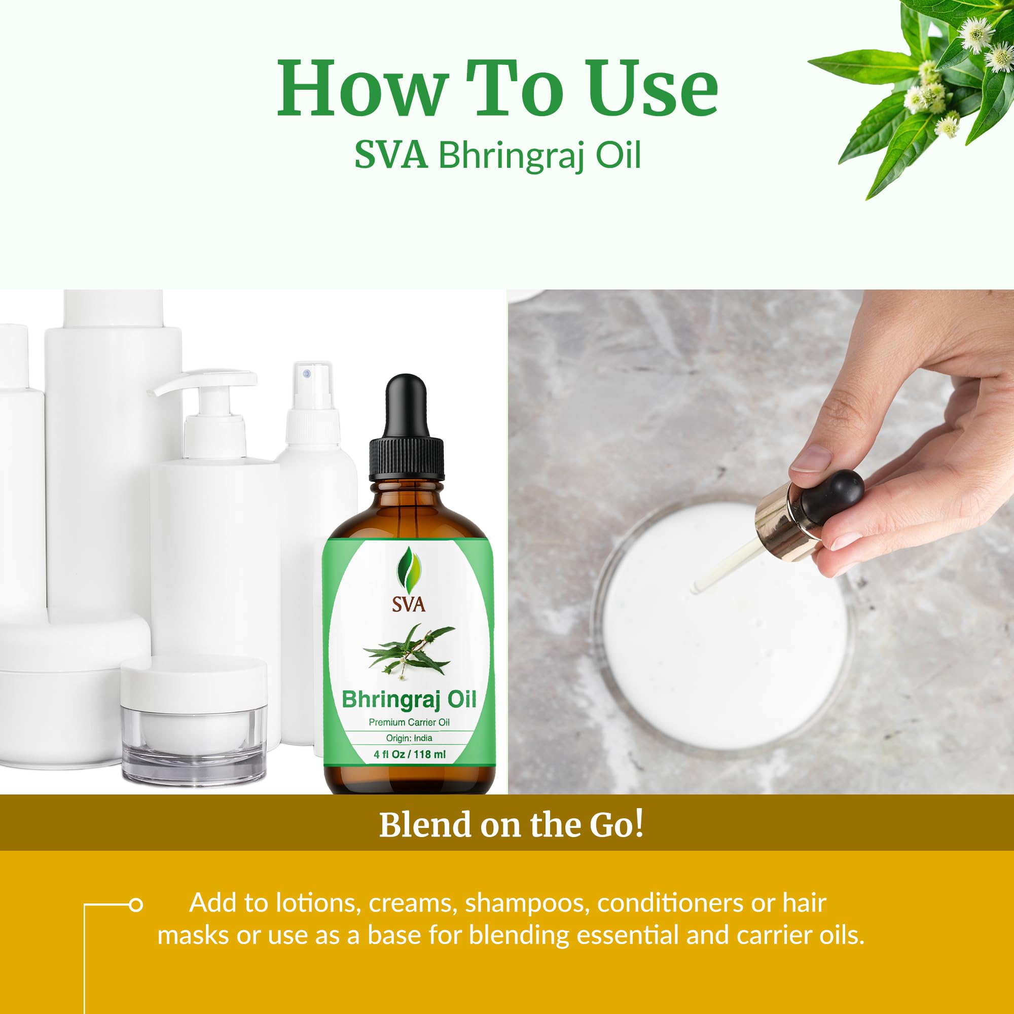 SVA ORGANICS bhringraj oil mixed with shampoo or conditioner for enhanced care.