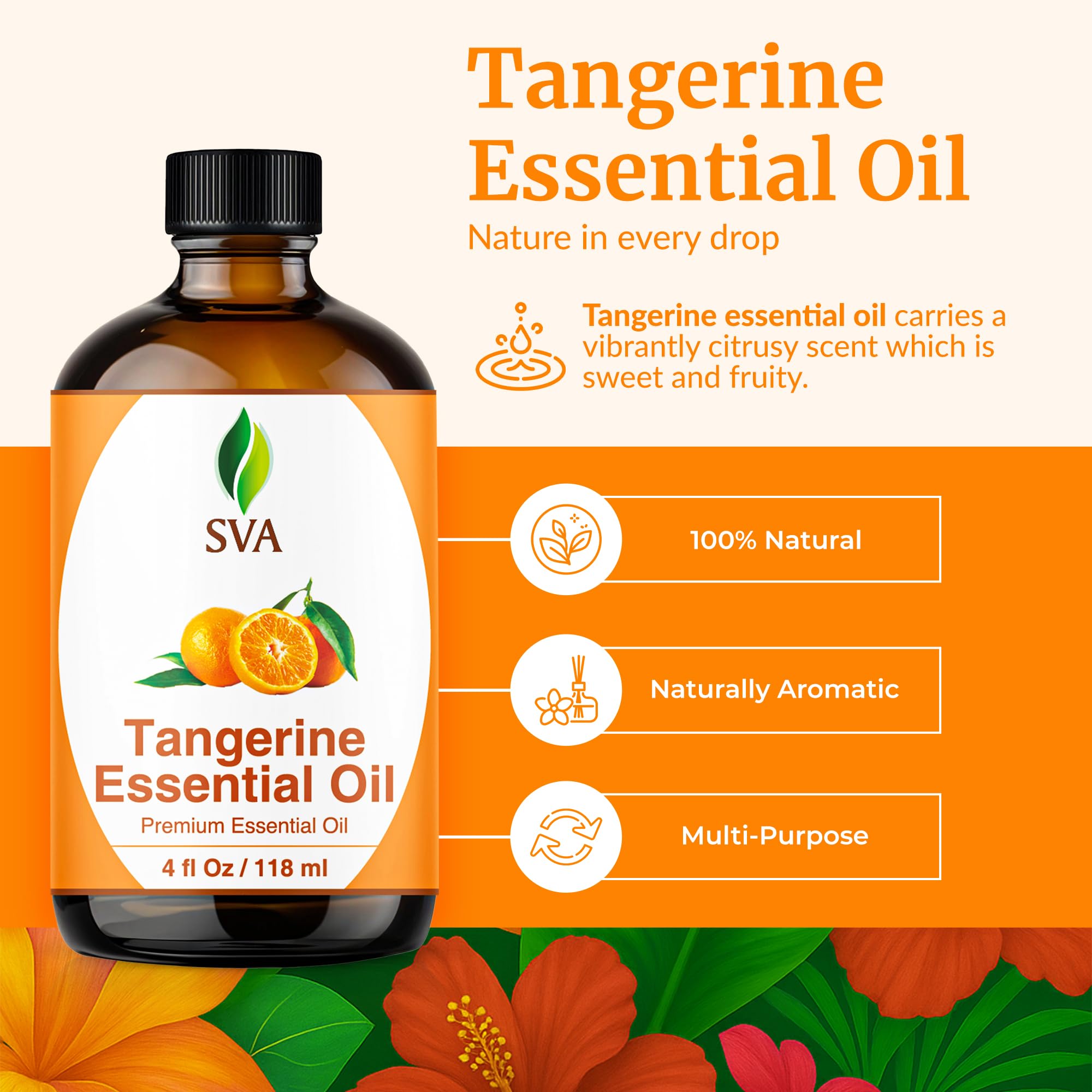 Close-up of SVA ORGANICS Tangerine oil bottle highlighting premium cold-pressed quality.
