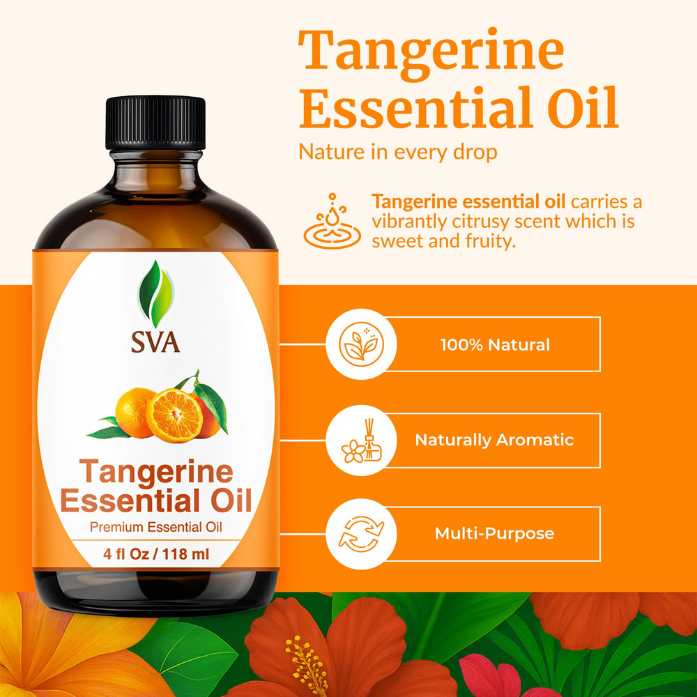 Close-up of SVA ORGANICS Tangerine oil bottle highlighting premium cold-pressed quality.