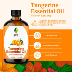 Close-up of SVA ORGANICS Tangerine oil bottle highlighting premium cold-pressed quality.