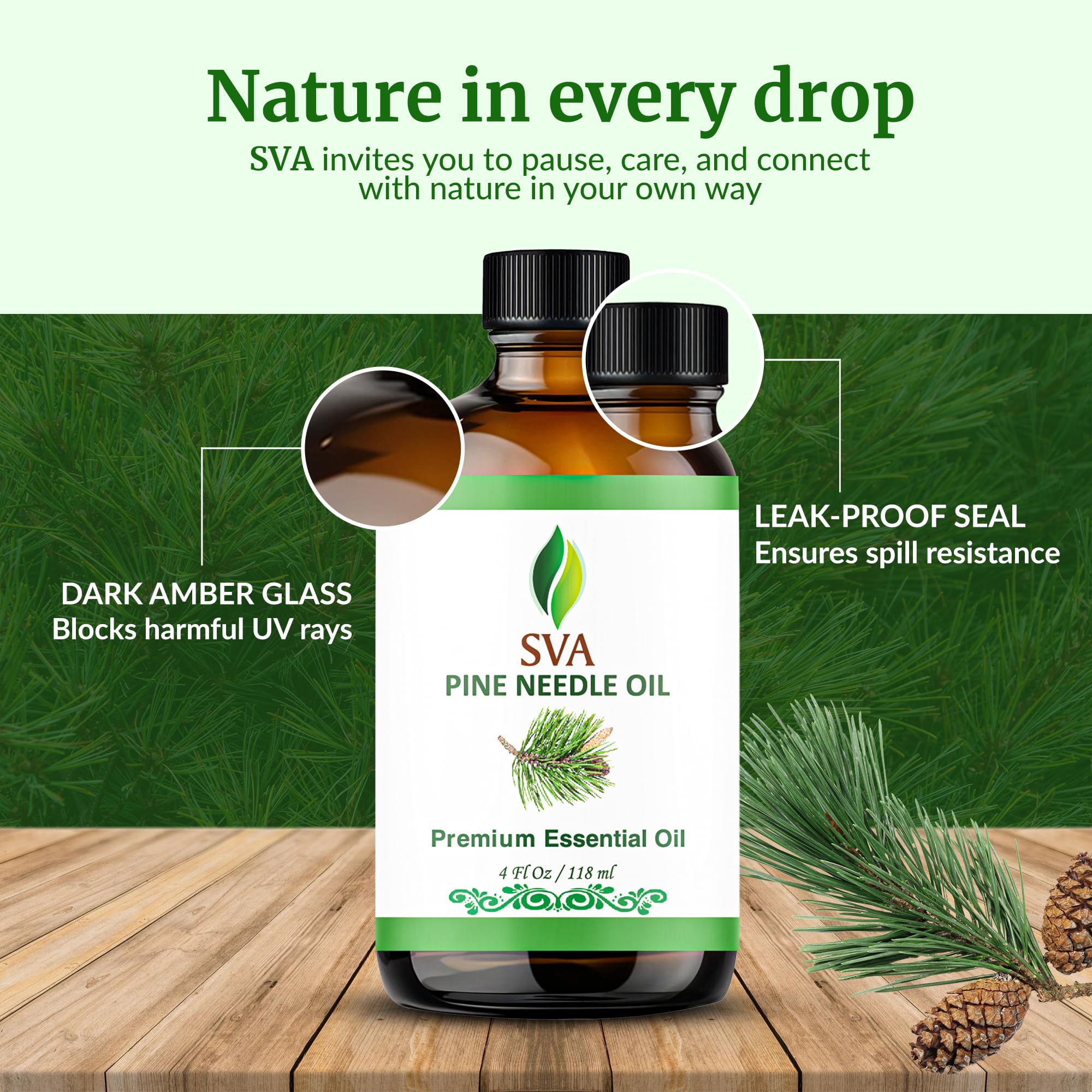 SVA Pine Needle Oil dropper bottle allowing precise dosage.