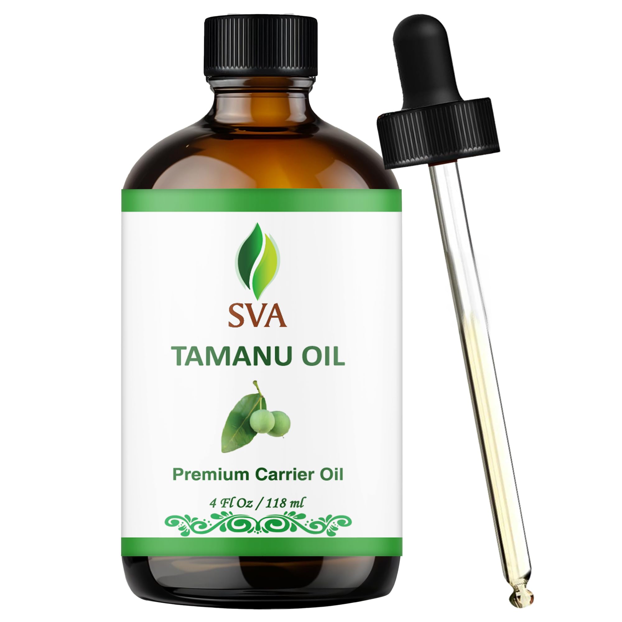 SVA Tamanu Oil bottle pour shows premium carrier oil for easy skincare application.