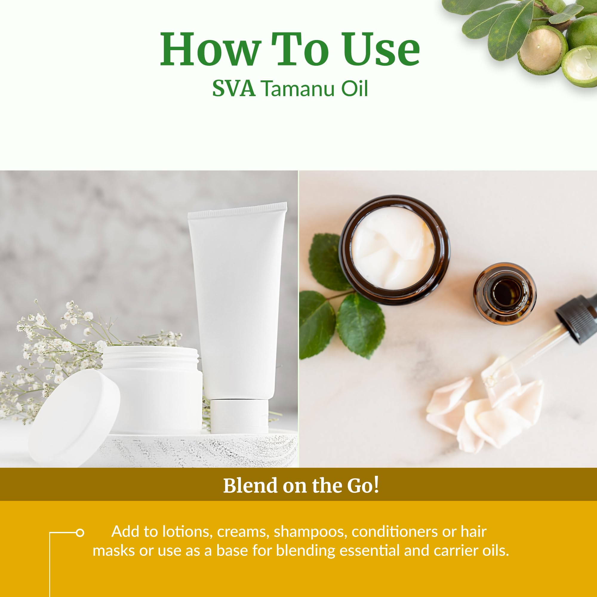SVA Tamanu Oil scalp massage scene suggests relaxing, nourishing treatment.
