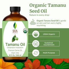 SVA Tamanu seed oil label closeup showing organic quality.