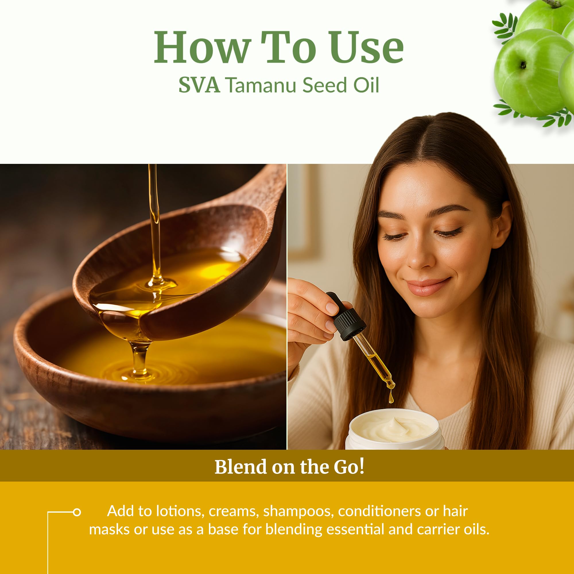 SVA Tamanu seed oil mixed with shampoo or conditioner.