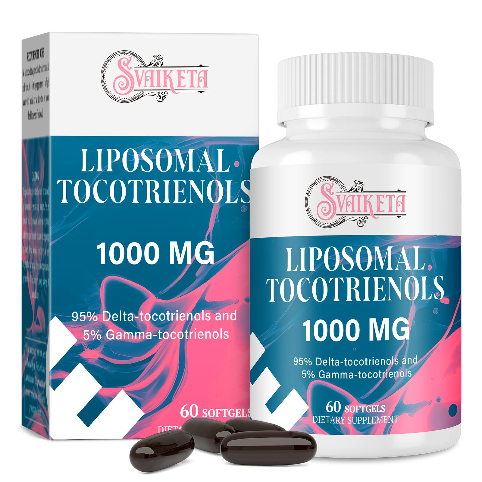 Svaiketa liposomal tocotrienols bottle highlights high-absorption vitamin E in softgels