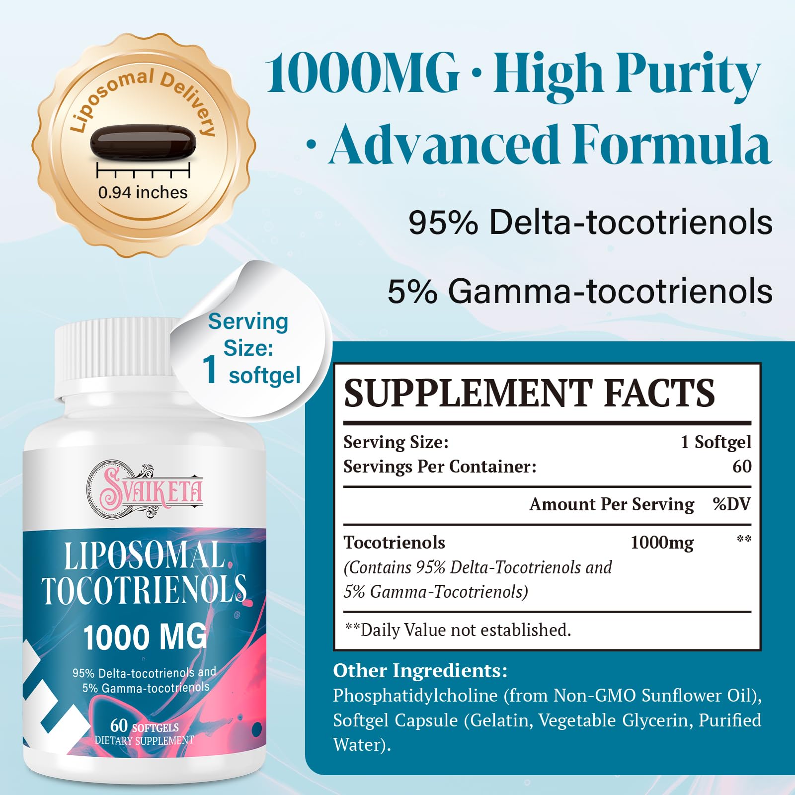 Svaiketa tocotrienols softgel bottle shown with vegan credentials