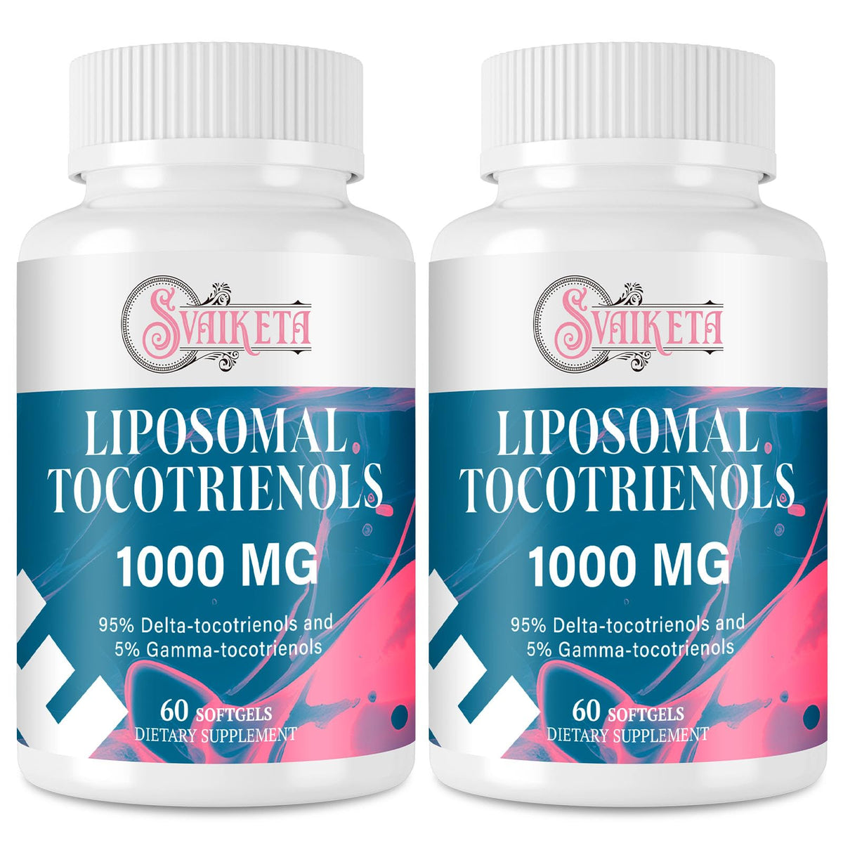 Svaiketa Liposomal Tocotrienols bottle front, premium packaging signals quality and a clean daily supplement ritual.