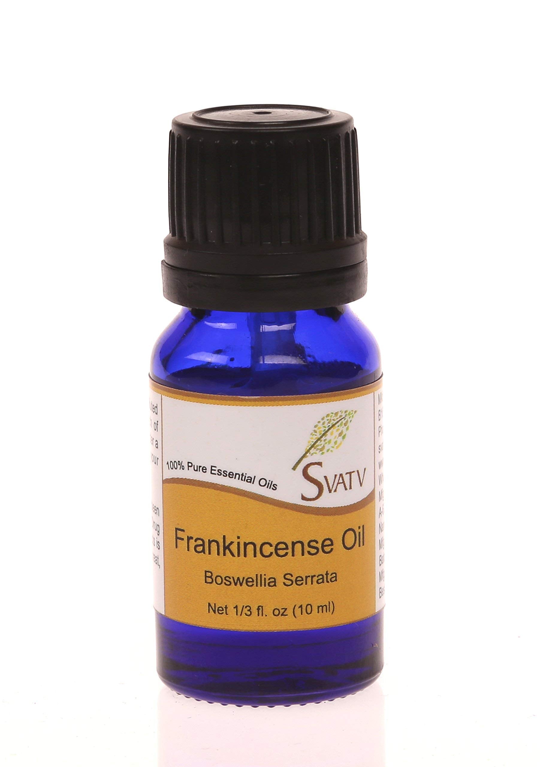 SVATV Frankincense Essential Oil bottle 10ml ideal for diffusers, releasing a warm, earthy aroma.