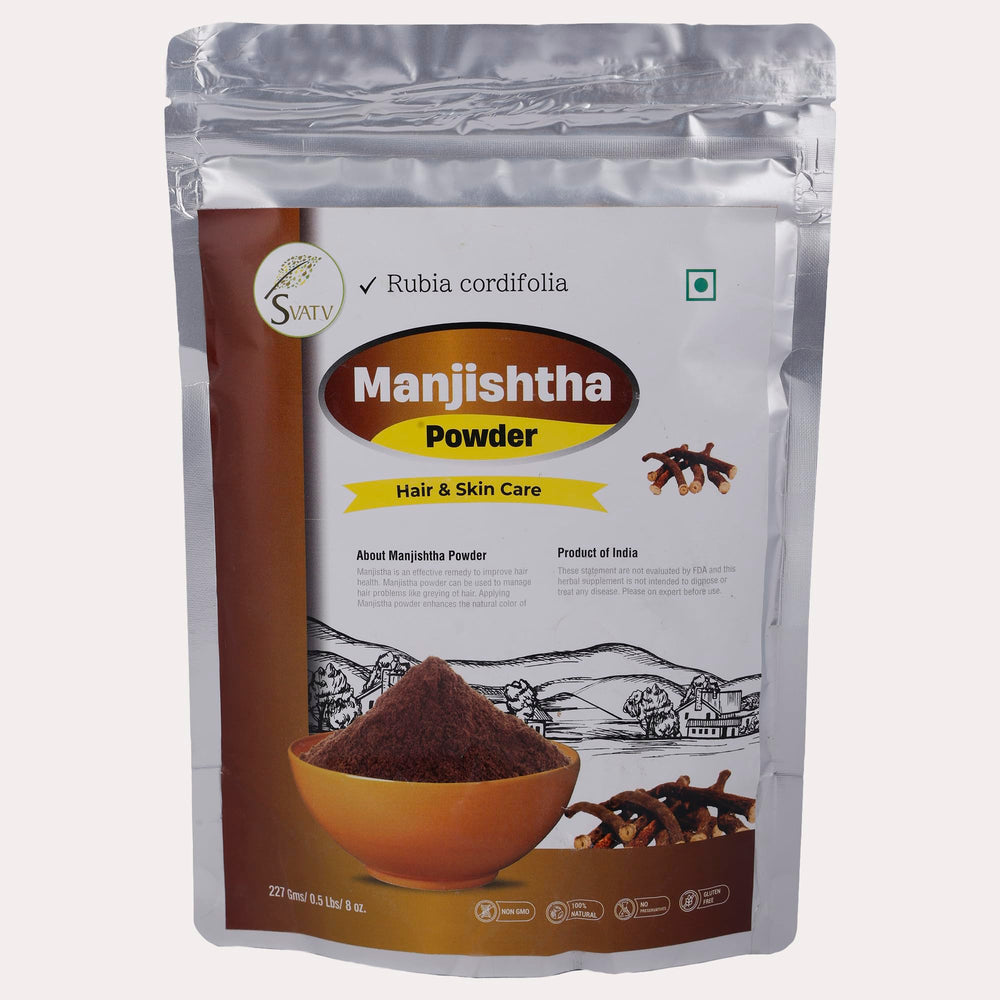 SVATV Manjistha powder packaging shown for skin and hair care.