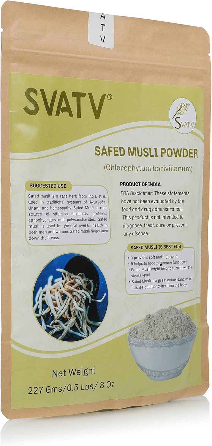 SVATV Safed Musli label closeup showing India origin and product details.