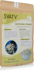 SVATV Safed Musli label closeup showing India origin and product details.