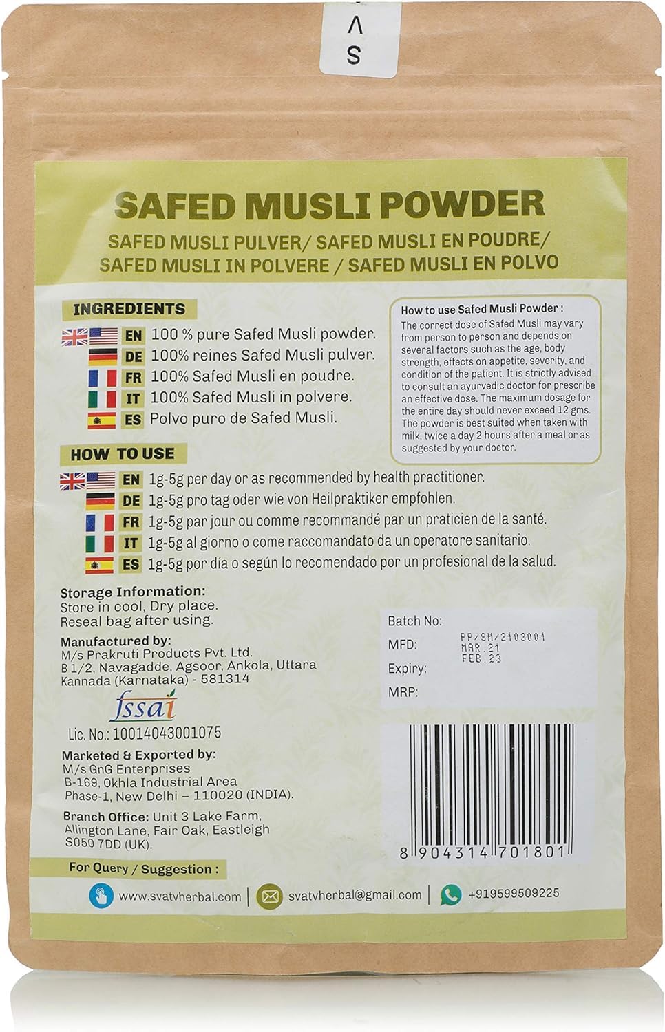 SVATV Safed Musli measuring scoop with powder for precise daily dosing.