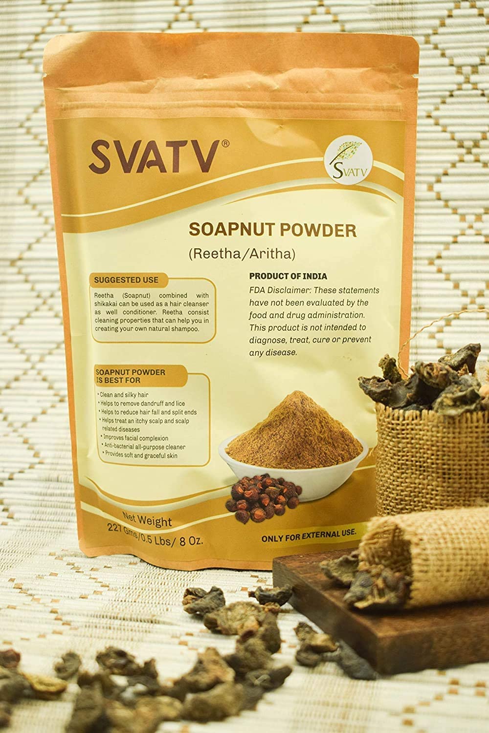 SVATV Soapnut Powder blend with Amla and Shikakai for hair care.